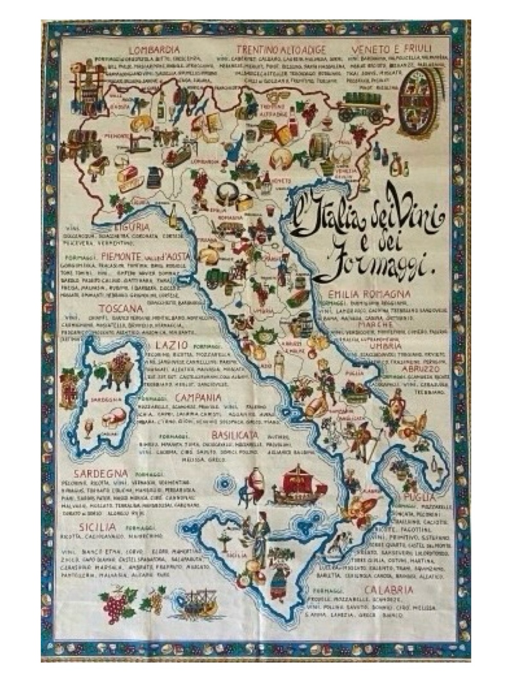 Italian Vintage souvenir Tea Towel -Italy Six Wines and Six Cheeses-35” X 23.5”
